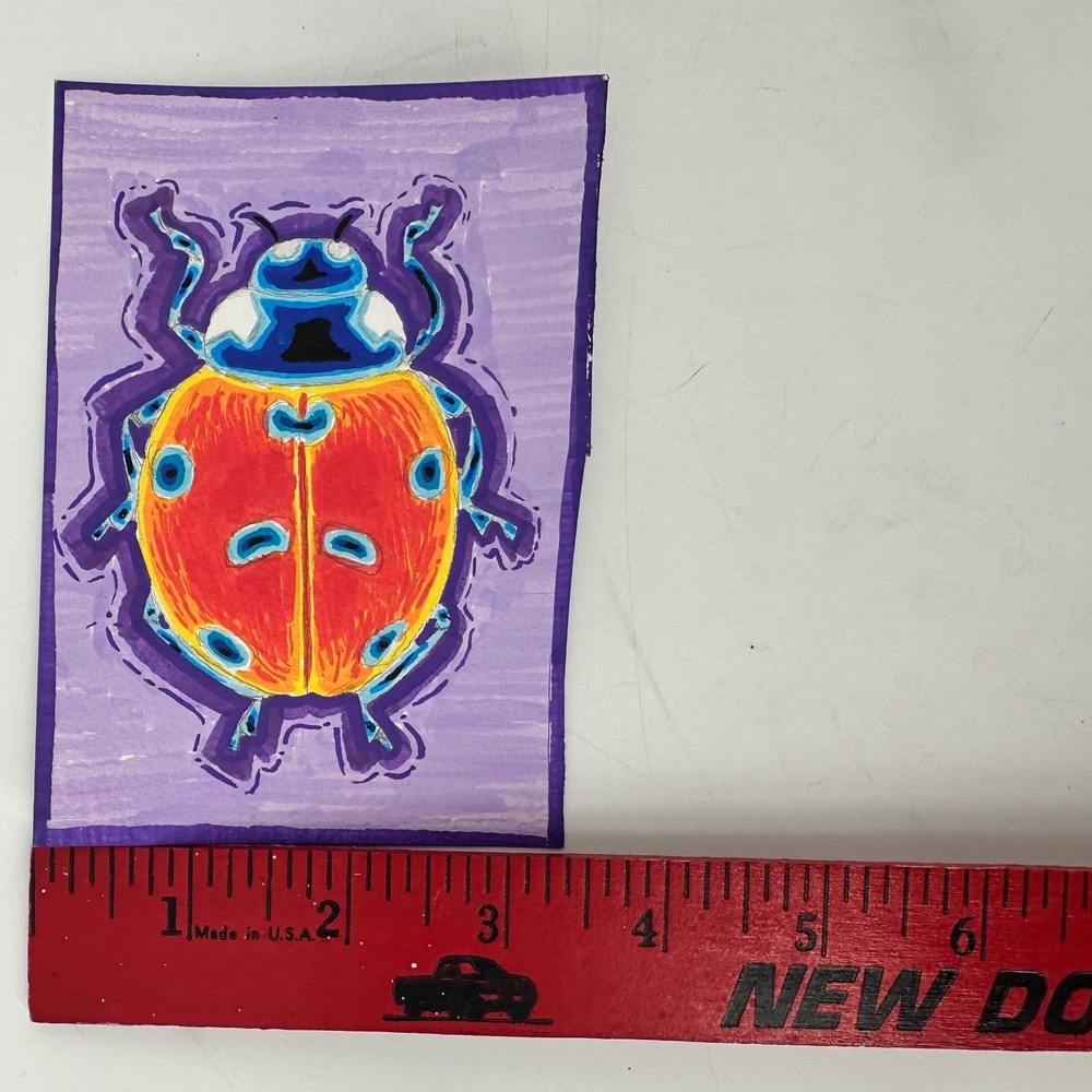 ACEO Original Acrylic Drawing BUG RADIANCE Purple Orange Hand Drawn Art 3.5x4.5